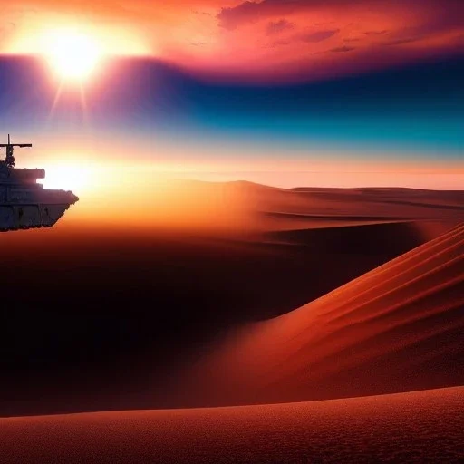 volumetric dramatic Wide desert Battle scene with futuristic hovering military armored Hovercraft tank painted by chris foss, floating, hover, 4k, 8k, [hovercraft] Minutiae, highly detailed, render, rivets, hovering, stripes, sunset duststorm, nimbus clouds