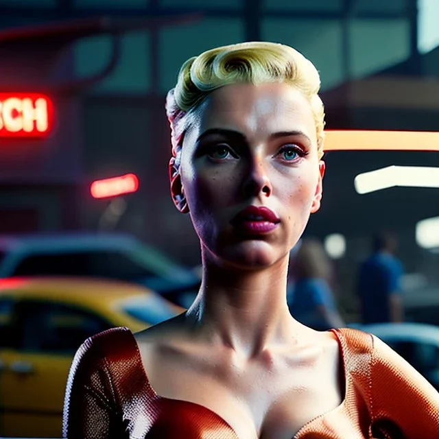 Ultra Realistic retro sci-fi afire Supermarket parking scene, 1960 year, blonde woman, sweet scarlet Johansson face, perfect iris, glow eyes, face makeup, tight latex coat; many panic people looking, Retro sci-fi style, soft color, highly detailed, unreal engine 5, ray tracing, RTX, lumen lighting, ultra detail, volumetric lighting, 3d, finely drawn, high definition, high resolution.