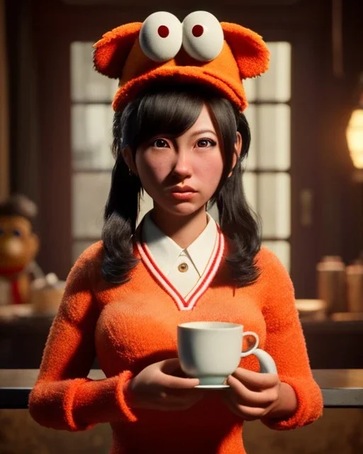 waitress Japanese woman with muppet mask that covers her entire head, red, retro style, Sesame Street style, smooth, unreal engine 5, god lights, ray tracing, RTX, lumen lighting, ultra detail, volumetric lighting, 3d.