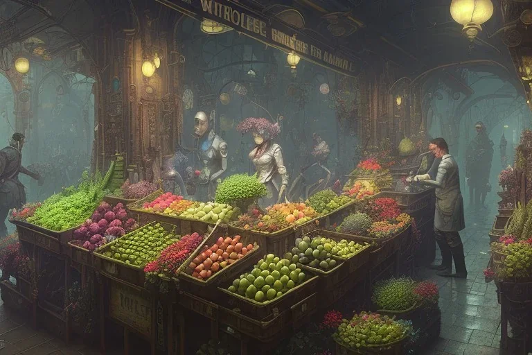 A greengrocer in colorful varanasi street+Gothic city+BioShock+Dishonored+Bloodborne +trieste+Edinburgh+Chicago+victorian London+decòpunk Skyscraper+ +steampunk+biopunk+alphonse mucha, greg rutkowski,matte painting, cryengine, hyper detailed, felix kelly, fantasy art, seb mckinnon