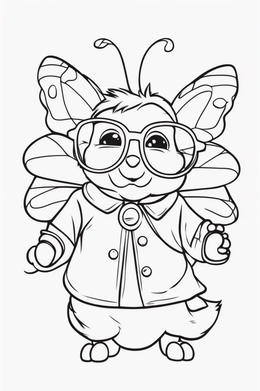 Outline art for cute coloring pages with butterfly with glasses, full body, white background, sketch style, only use outline, clean line art, no shadows and clear and well outlined.