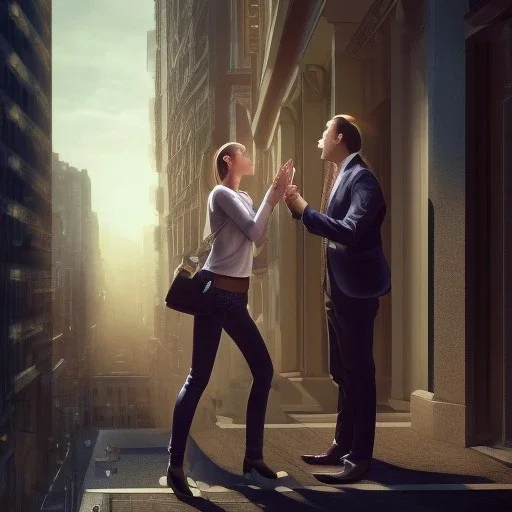 a man and a woman screaming at each other on a balcony, downtown new york, dramatic, dramatic lighting, volumetric lighting, hyperrealism, 8k, high quality, photorealistic, lot of details