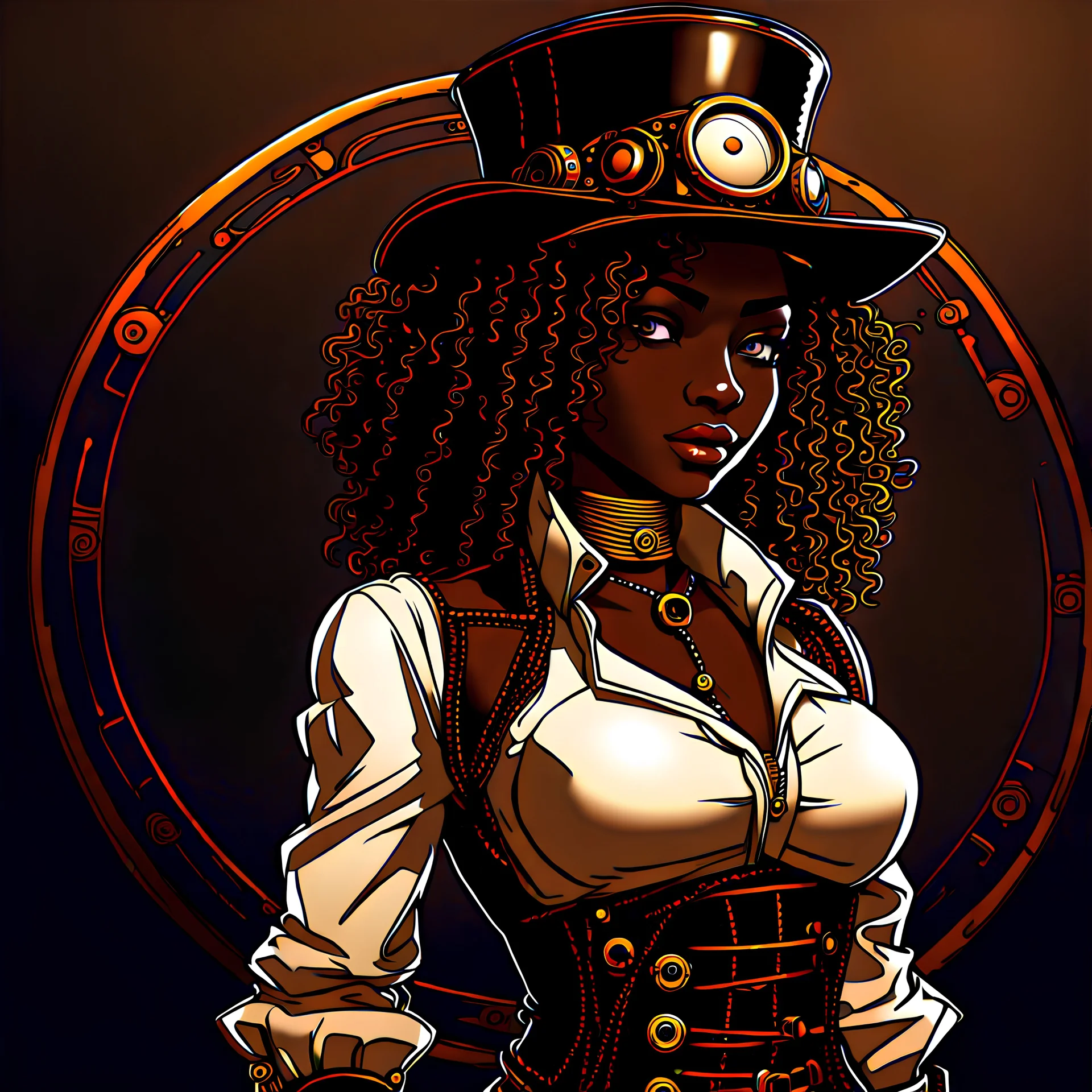Bad ass curly haired dark skinned woman with a hat in Steampunk anime style