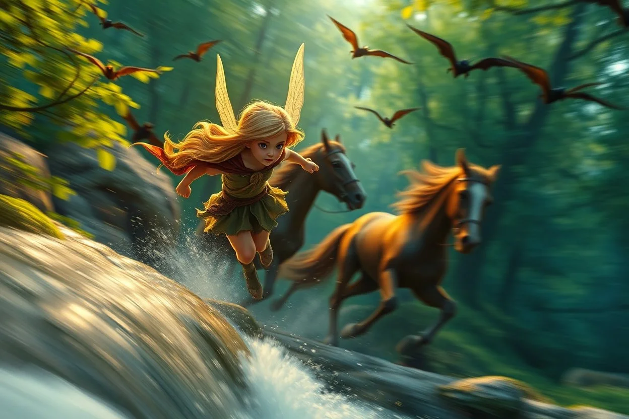 volumetric light, oil painting ,evening and motion blur running caped long haired pixie Quickling - Forgotten Realms dodging flying bats above water fall and along winding branches in lush green forest along speeding horses , bokeh like f/0.8, tilt-shift lens 8k, high detail, smooth render, down-light, unreal engine, prize winning