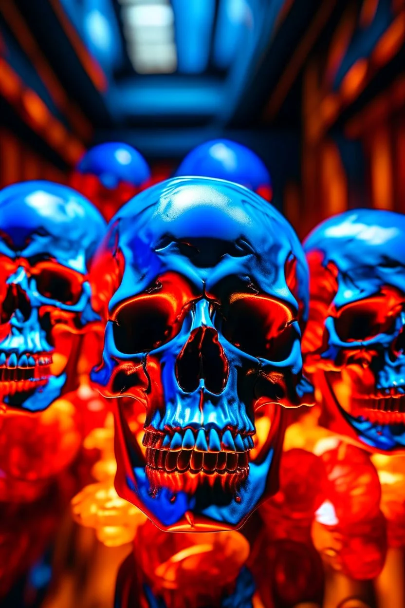 multiple glass human skulls, high temperature, glowing blue on the bottom, glowing red on the top, large blue red and orange flame coming from under and behind hovering in high in the sky, contrasting colors precisionism psychedelic art surrealism street art digital illustration wet wash 64 megapixels 8K resolution 8K resolution telephoto lens telephoto sharp focus Unreal Engine 5 VRay radiant retro futuristic galactic