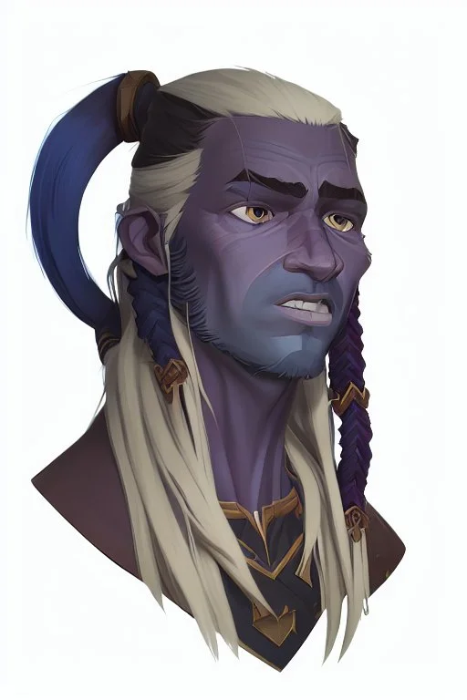 A tieffelin with blue skin and white Dreadlock hair. His pupil-less eyes are green. He wears a small beard.