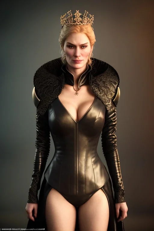 Cersei Lannister as evil queen in black leather coat, busty, cleavage, voluptuous, lena headay, angry, stern look. character design by cory loftis, fenghua zhong, ryohei hase, ismail inceoglu and ruan jia. unreal engine 5, artistic lighting, highly detailed, photorealistic, fantasy