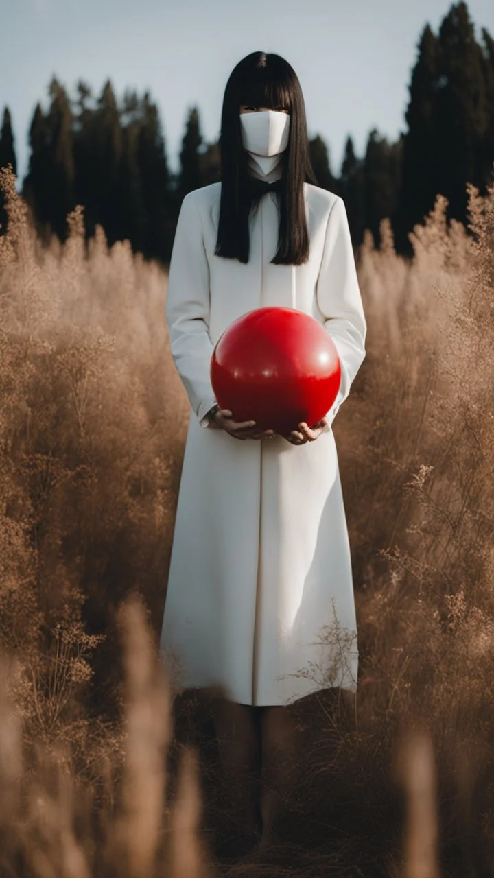 a no face woman with mask standing in a field holding red ball, inspired by Ren Hang, design milk, long black hair, whites, wanderers traveling from afar, trending on artisation, cloning spell, coat pleats, in twin peaks, submarine, by Helen Thomas Dranga, symetry, round-cropped, noire photo