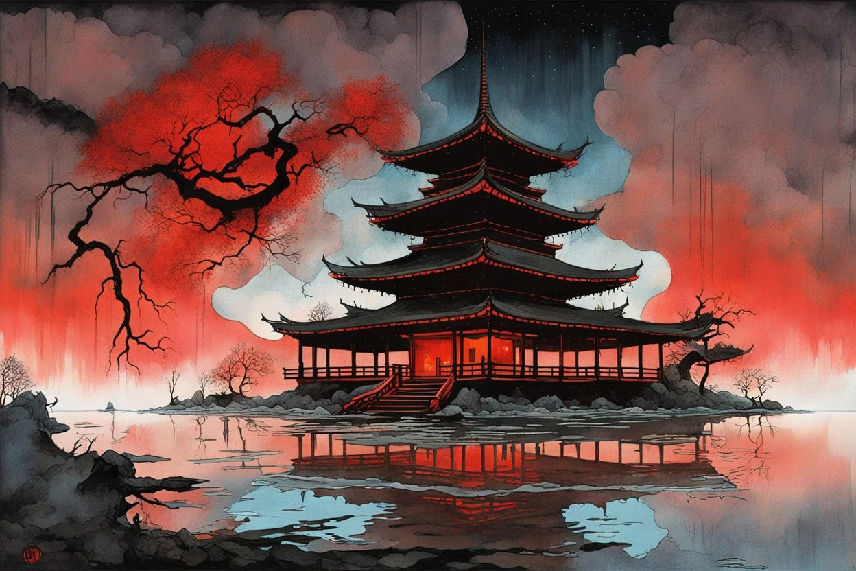 Dramatic nighttime haunted Japanese pagoda on the banks of a red lake bathed in fog, astral ghosts menacing the sky, haunted undetailed gaunt figures on the porch, by Victo Ngai, by Stephen Grammell, by Zdzislaw Beksinski, professional watercolor with dripping paint diffusion, dark colors, sinister haunted house horror art, reflective, cel-shadows, surrealism, expansive.