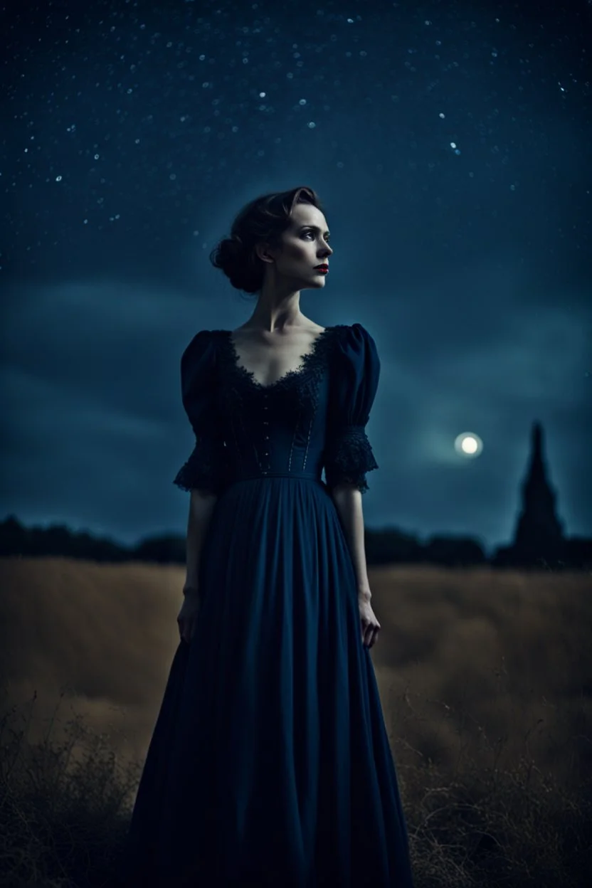 Under a starry dark blue sky woman in long nice vintage dress, dark deep colours, gothic, sharp focus, detalied, cinematic, atmospheric, weird, crepy stunning