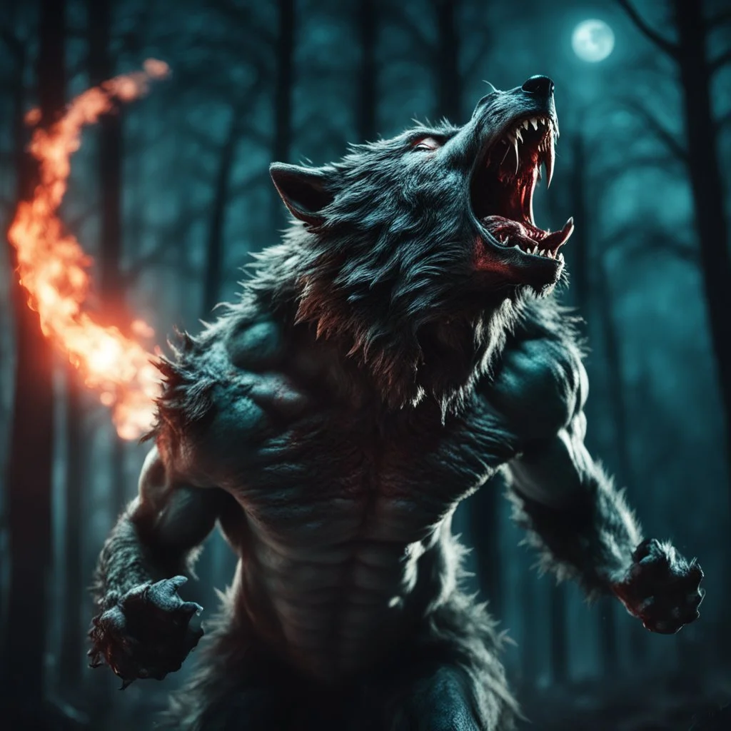 bloodthirsty angry savage werewolf howling at the moon, muscular body with shreaded cloths, large claws, sharp teeth, night forest with gloomy dark teal colors, fire sparkle particles, dark tone, sharp focus, high contrast, 8k resolution, shallow depth of field, dramatic lighting, beautifully intricate details, clean environment