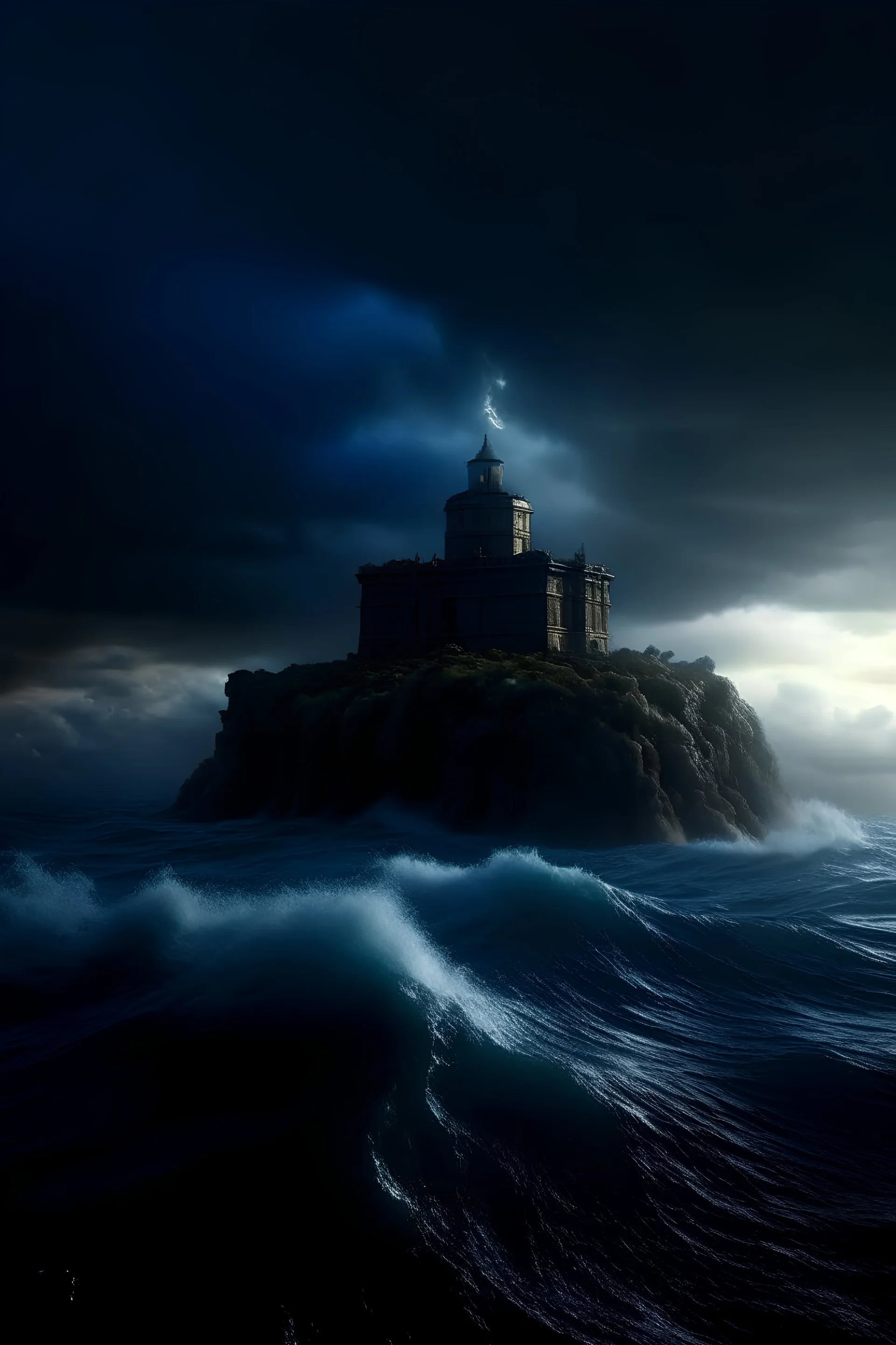 A national geographic photograph of poseiden rising from the depths of the ocean as a storm swirls and rafes around. 3d with depth of field and shadow, brutalist, ultra realistic hyperdetailed, blue hour ambient lighting