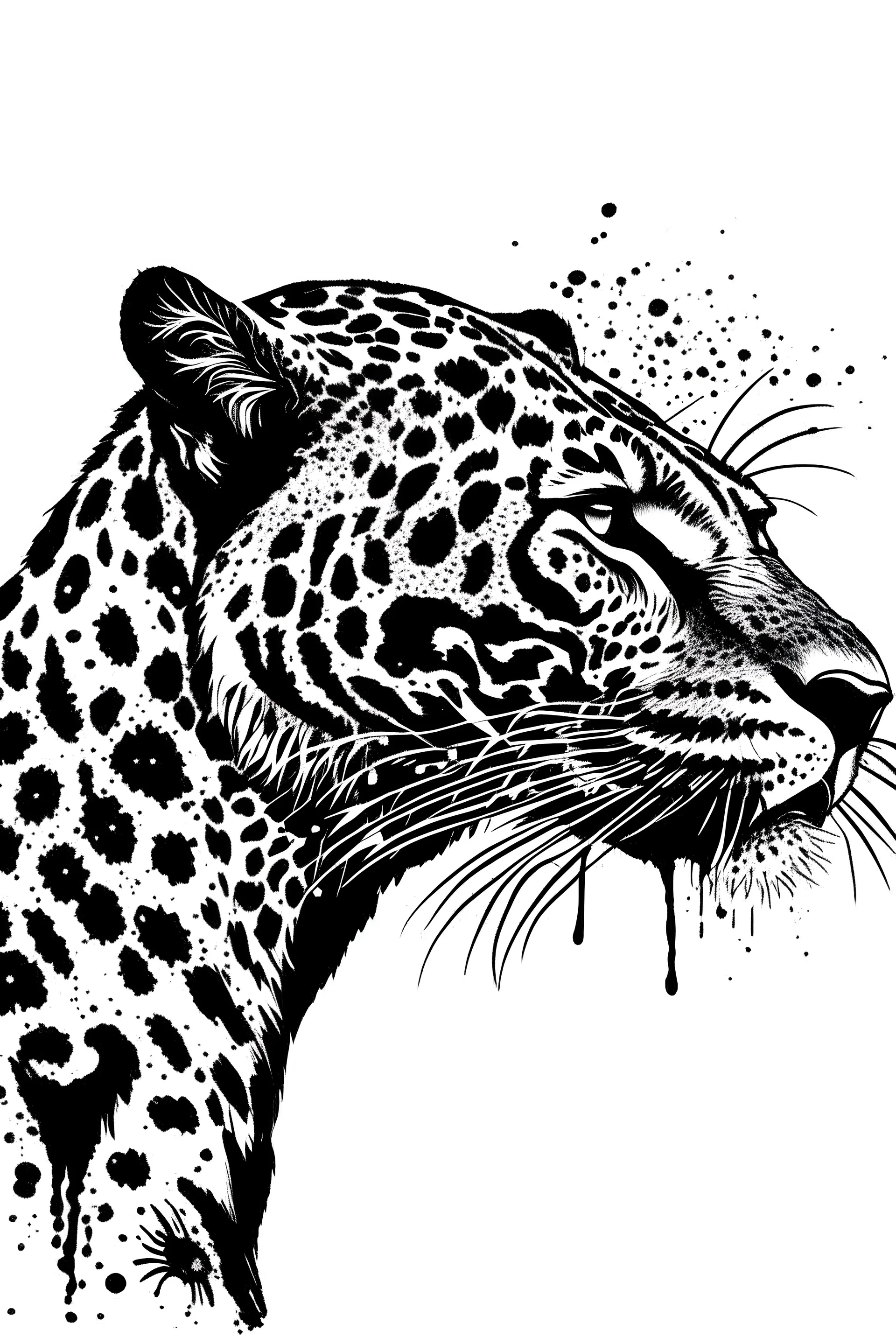 1 line art, jaguar, only black strokes, dripping, white background, simple, minimal, artistic, side view