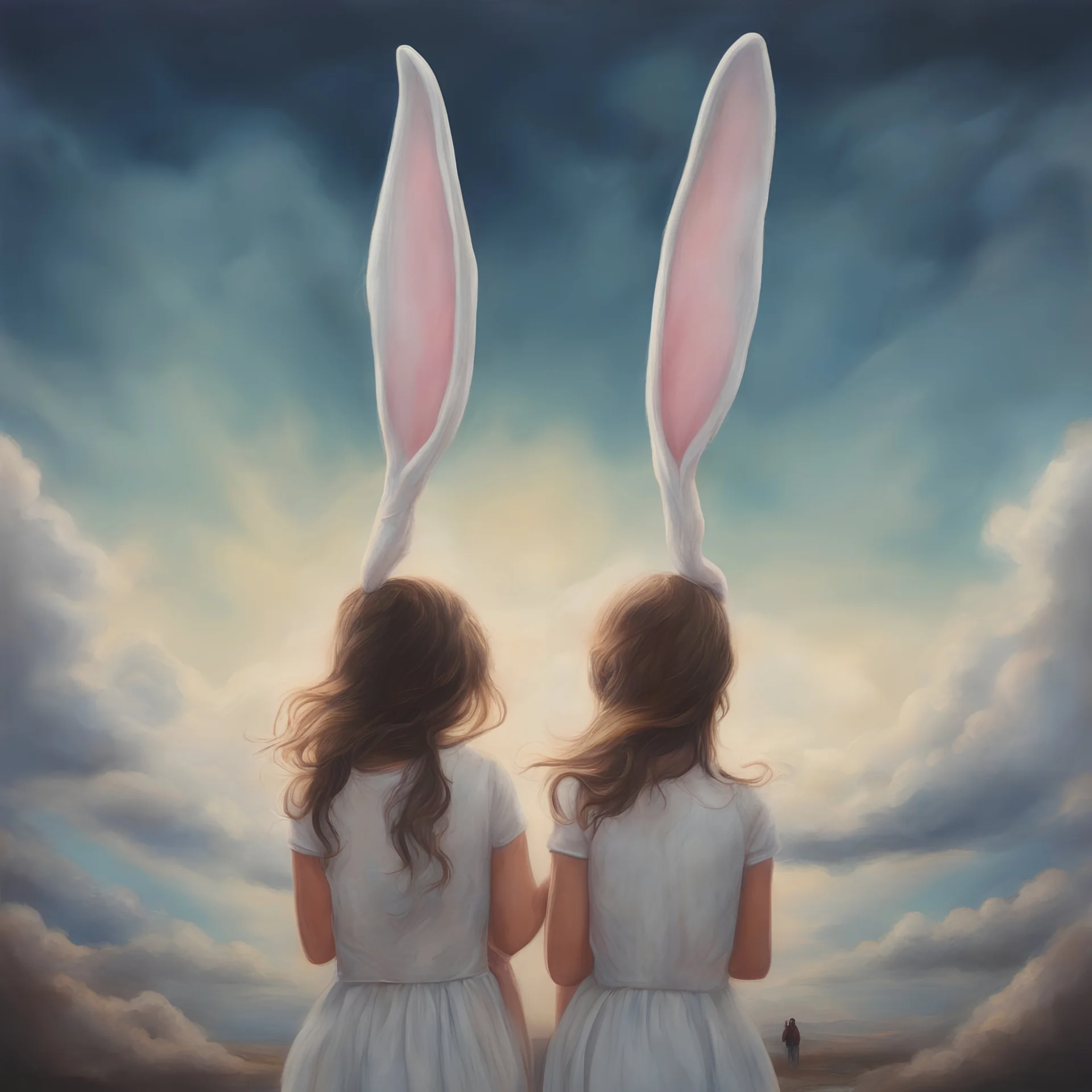 Surreal painting of 2 girls, rabbit ears, , the sky in the background