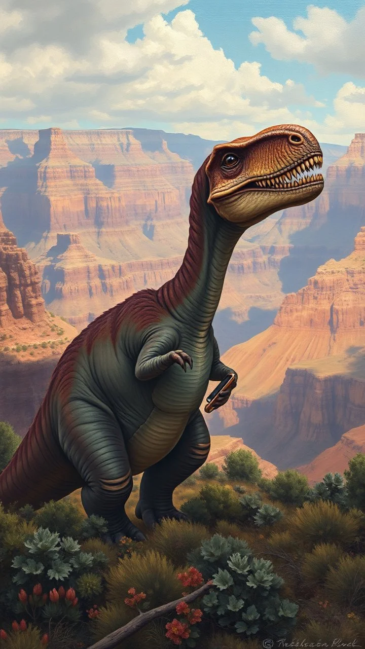 A dinosaur holding an iPhone in the Grand Canyon mountains , in a forgotten battlefield over run by vegetation, cutesy tiktok detailed oil painting, grainy, old style