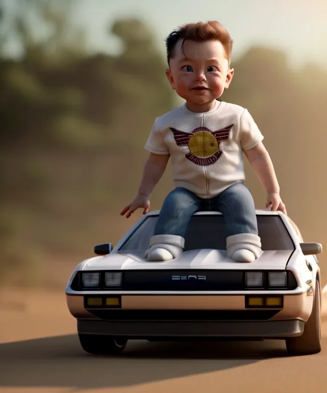 elon musk toddler, full body, delorean, dramatic lighting, hyper realistic