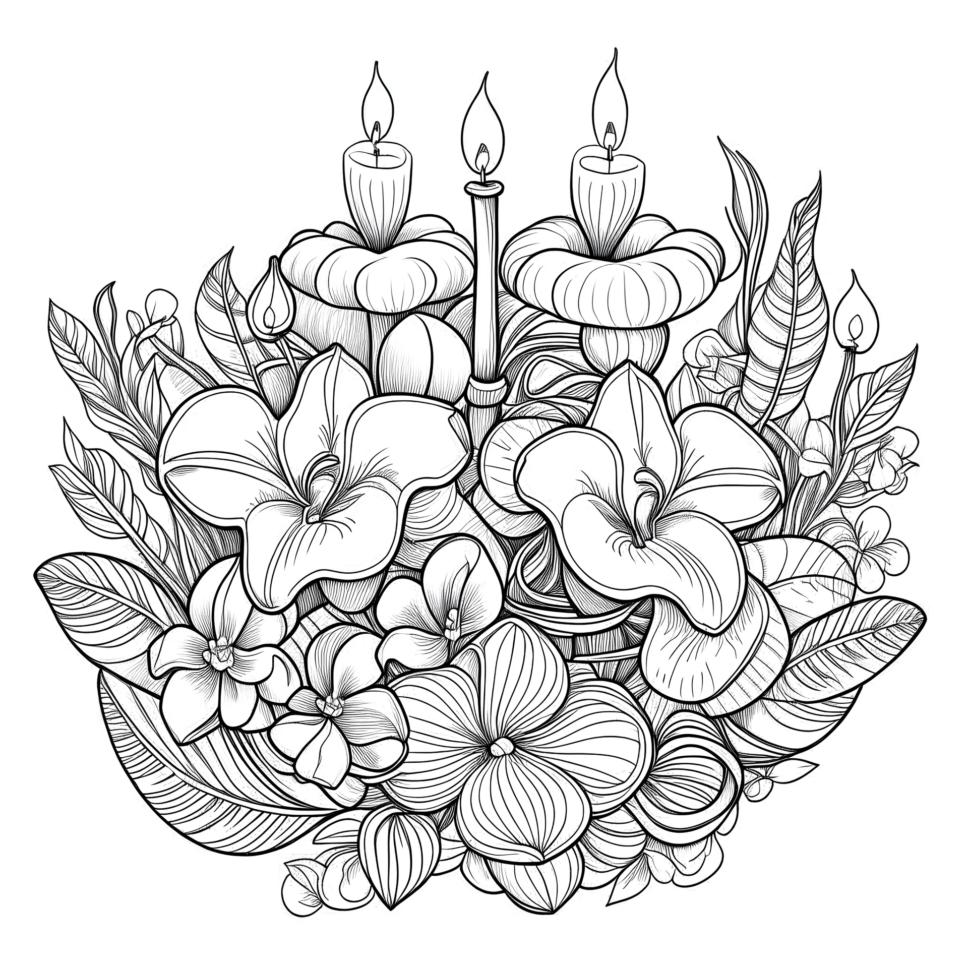 outline art for visually rich appealing heart in orchids plumeria rounded stones candles, ikebana style, coloring page for kids, white background, fit to page, only use outline, clean line art, no shadows, clear and well outlined