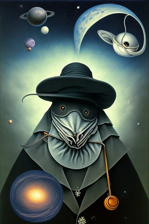 The Plague Doctor and a Mouse happily lost in the milky way attracted by mutual appreciation of their artistic desires in Outer Space, art by Magritte