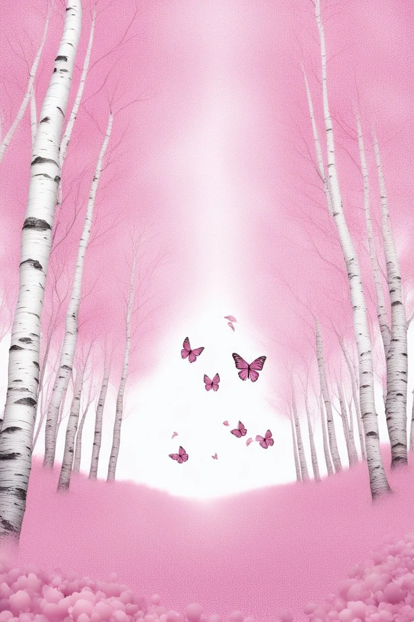 Butterflies and bubbles flying up to the sky through a pink birch forest