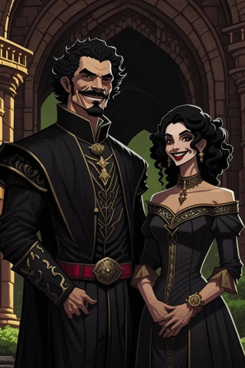 Strahd von Zarovich with a widow’s peak smiling, dressed in black and Ireena Kolyana frowning, wearing a wedding dress standing outside Castle Ravenloft in the illustrated style of dungeons and dragons