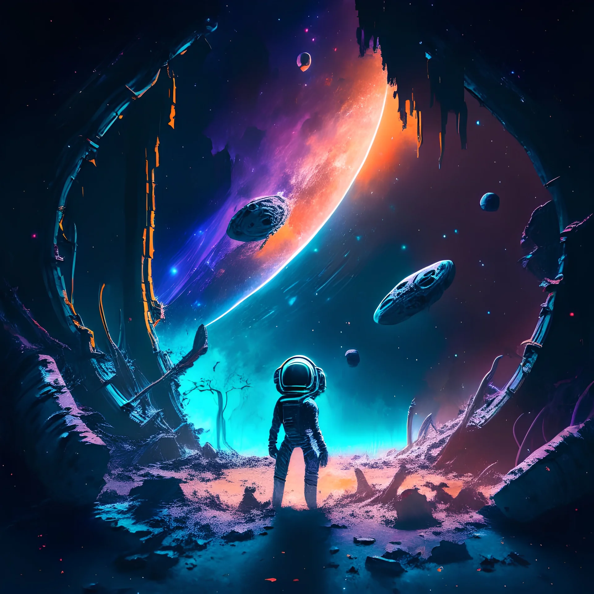 Digital Painting, dark, starry background with a central image of a perplexed astronaut floating in space, surrounded by abandoned alien ruins, Surrealism
