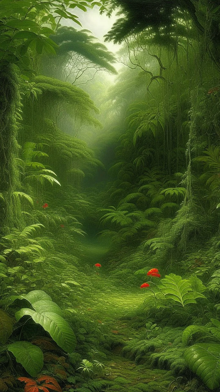 An olive green jungle with diamond shaped peppers painted by John Atkinson Grimshaw