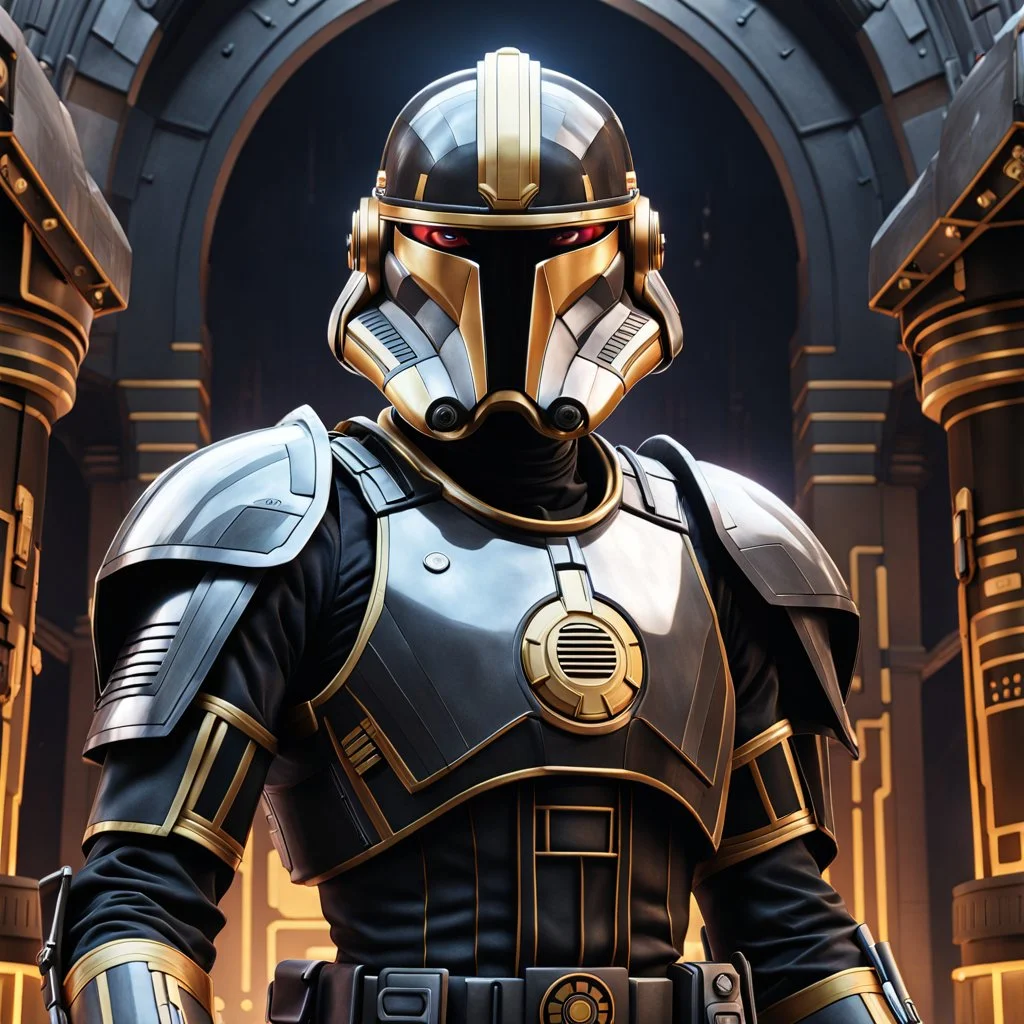 star wars bald male corellian pilot wearing pearlescent black and gunmetal grey First Order special forces heavy assault stealth commando armor and helmet with gold trim inside the jedi temple, hyperdetailed, dynamic lighting, hyperdetailed background, 8k resolution, volumetric lighting, light skin, fully symmetric details