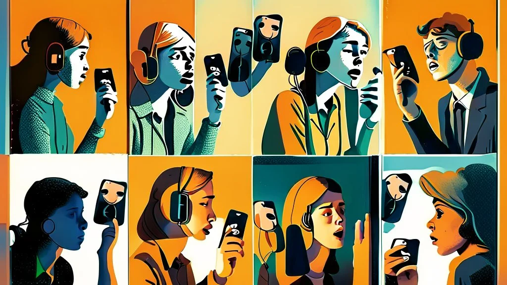 8 panels showing 8 different people talking on the phone