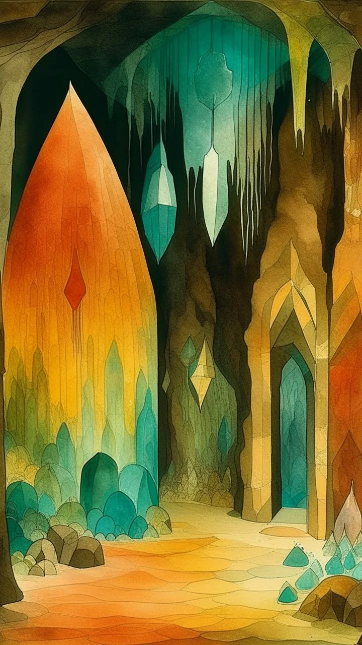 A tan underground cavern with geode crystals painted by Paul Klee