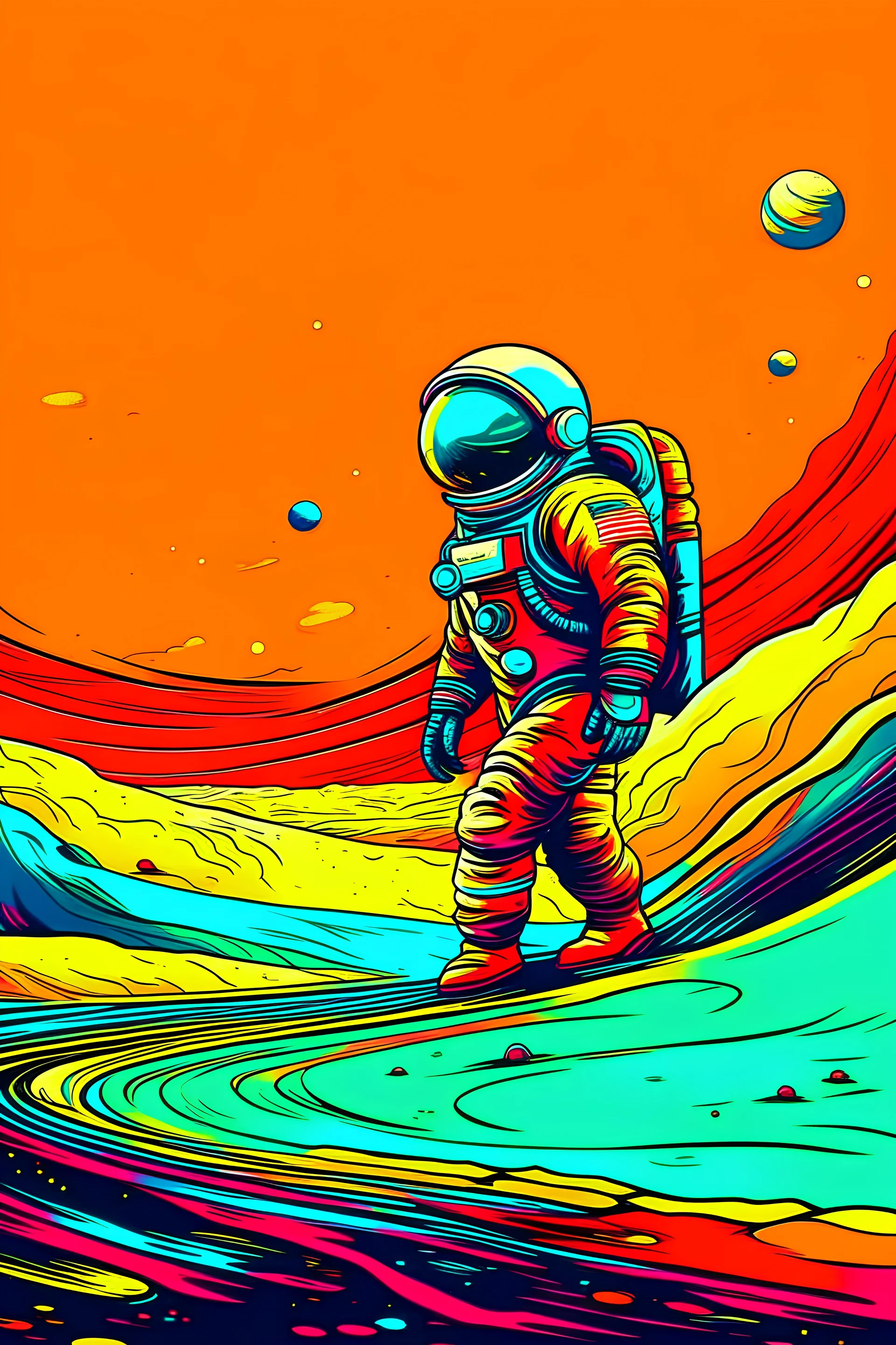 Cartoon of a spaceman in the vastness of apace, vivid colors
