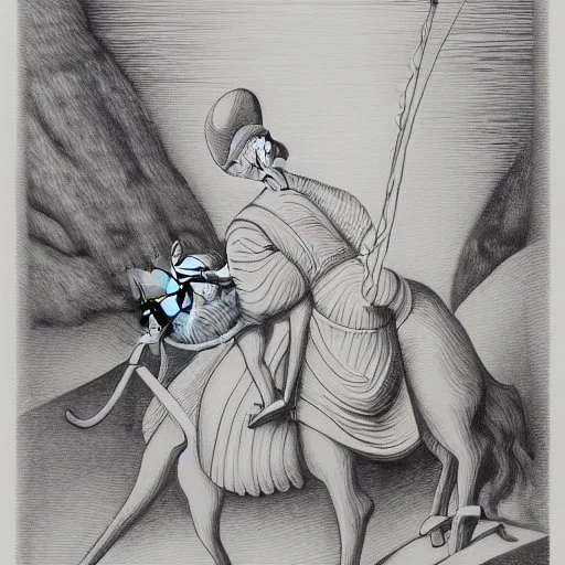 hand drawn in single line by Nicolai Blatter with hatch with parallel wavy lines metal engraving representing the Adventures of Don Quixote de la Mancha in bosch style or salvador dali style