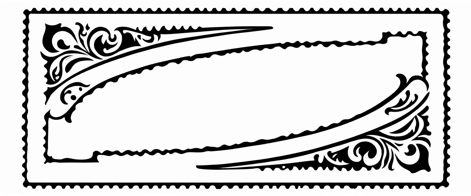 an old engraved stamp with decorative corner elements in the top left and bottom right. black and white