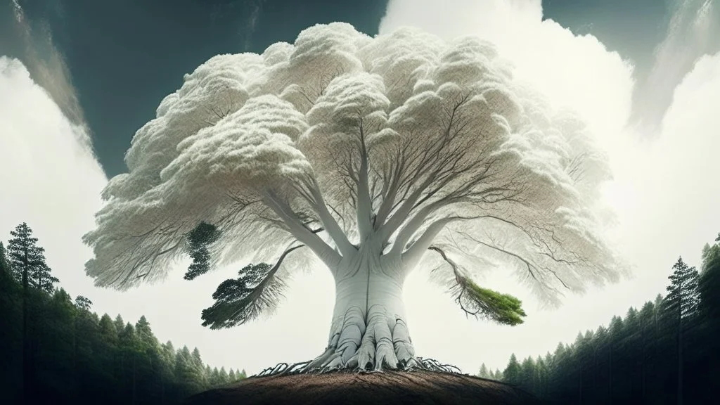 Giant white tree in a small sized forest reaching in to the sky.