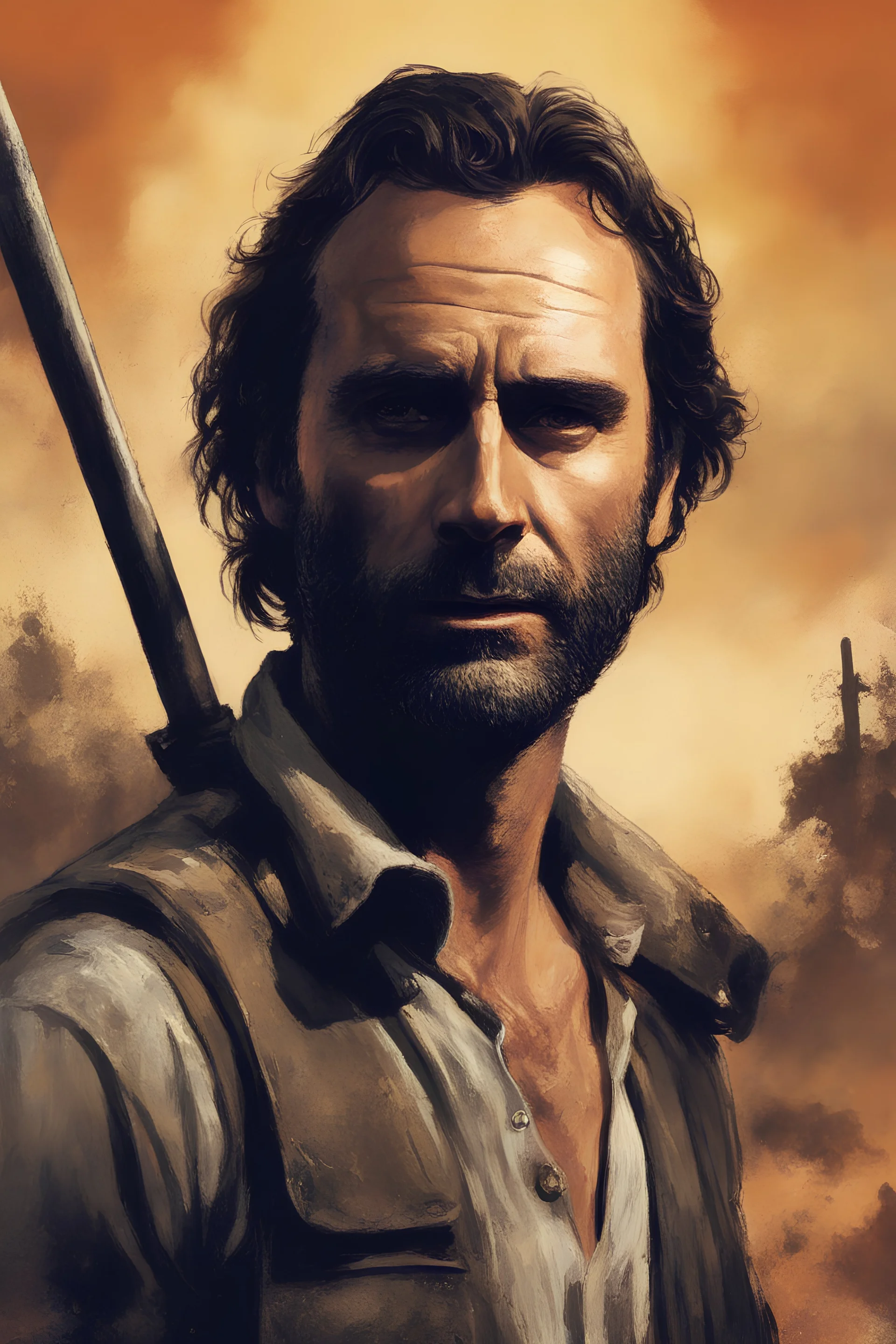 Andrew Lincoln as "RICK GRIMES" movie poster (the walking dead) in the art style of Frank Frazetta