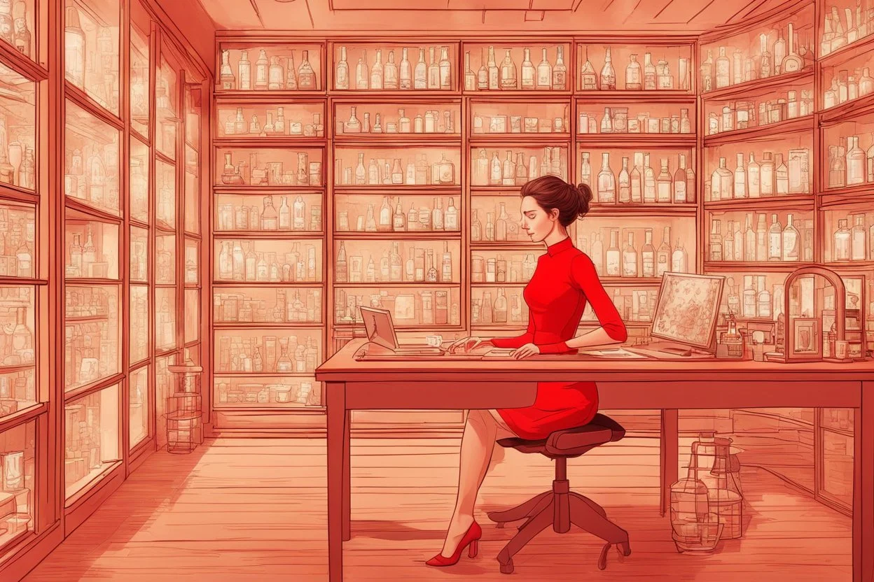 surreal image full-height shot of a young woman in tight red clothing, inside a large modern magic shop, sitting at a desk, wooden shelving, bottles, windows