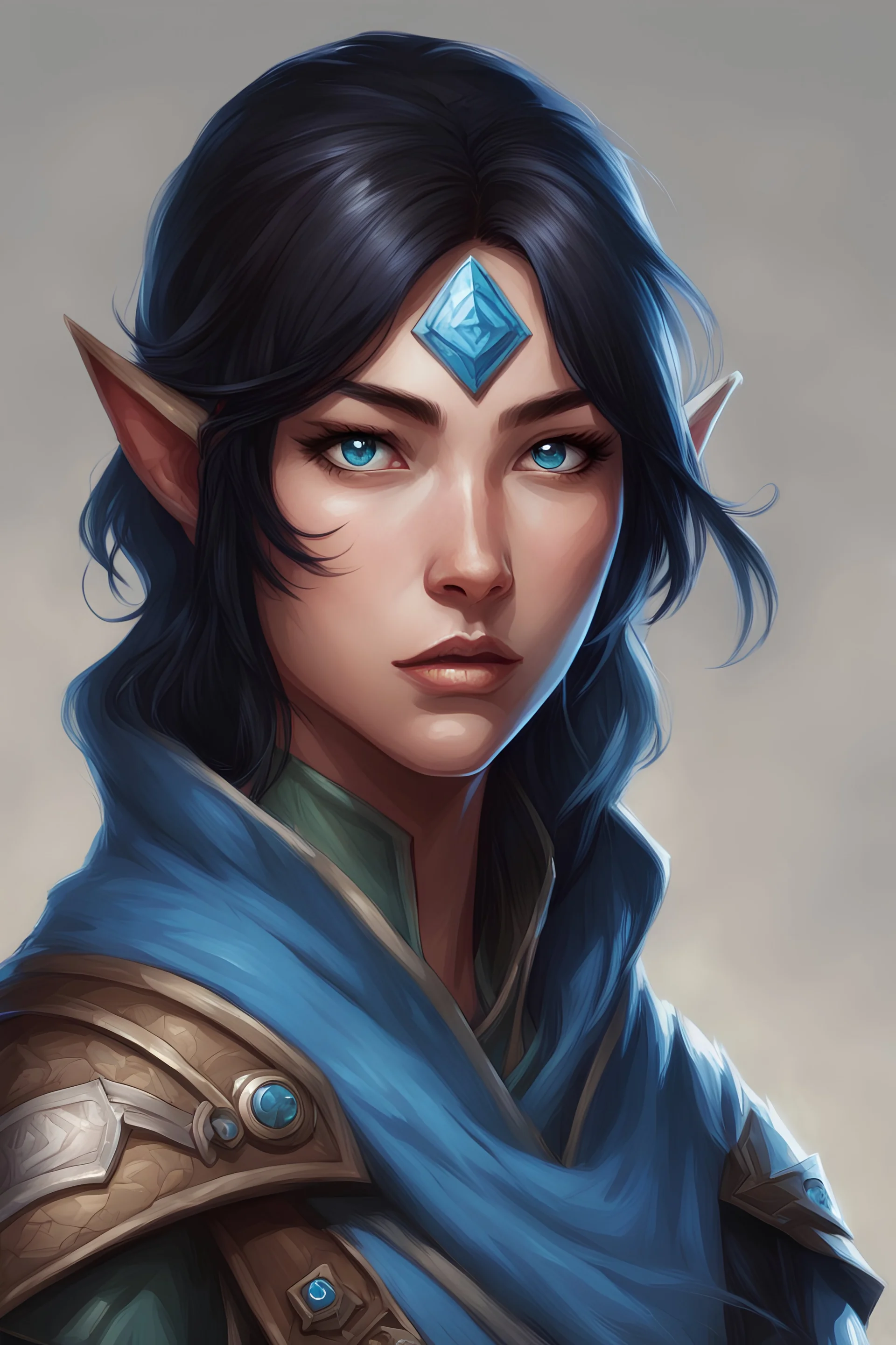 dungeons and dragons; portrait; solid background; yuan-ti; female; ranger; cloak; mischief; black hair; blue eyes; vertical pupils; blue scales