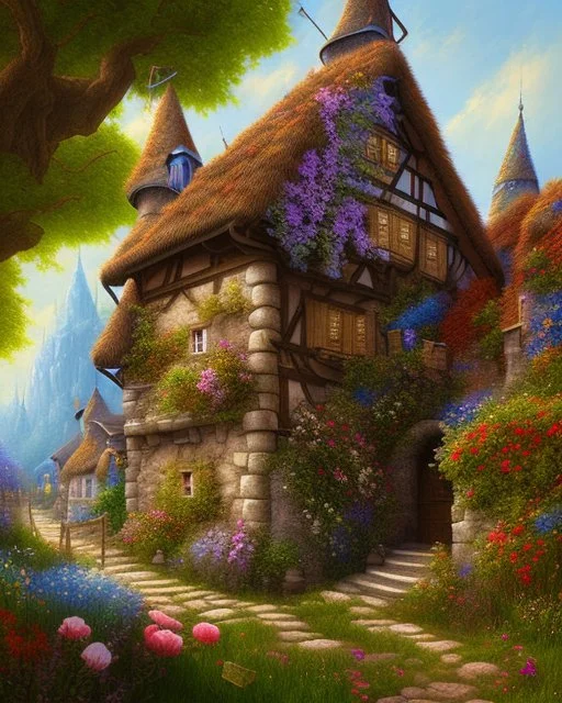 medieval fantasy village with flowers rpg art painterly