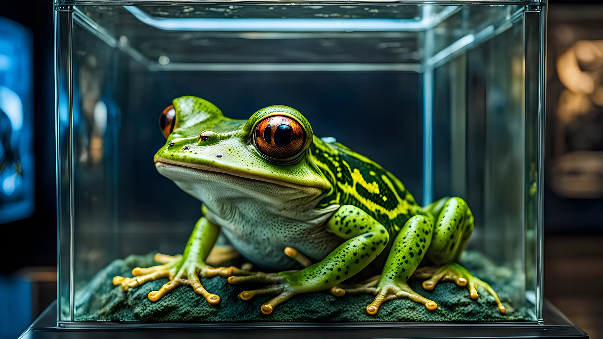 mutated evil alien frog in a glass box, on display in a museum, intricate details, HDR, beautifully shot, hyperrealistic, sharp focus, 64 megapixels, perfect composition, high contrast, cinematic, atmospheric, moody