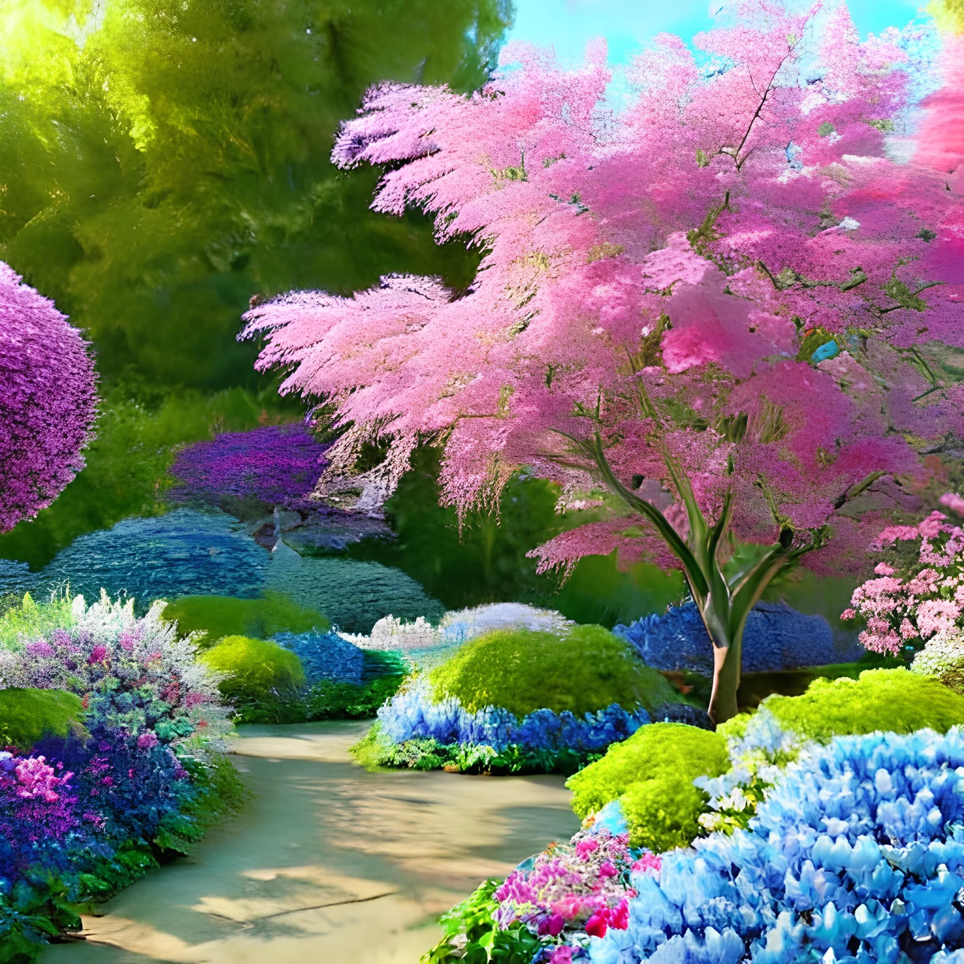 beautiful garden with large flowers, blue, pink, gold, white, glistening blue leaves, sunny atmosphere, intricate, Exquisite details and textures, highly detailed, digital painting, artstation, concept art, sharp focus, nature background, illustration, 8k, by stability ai, nvidia