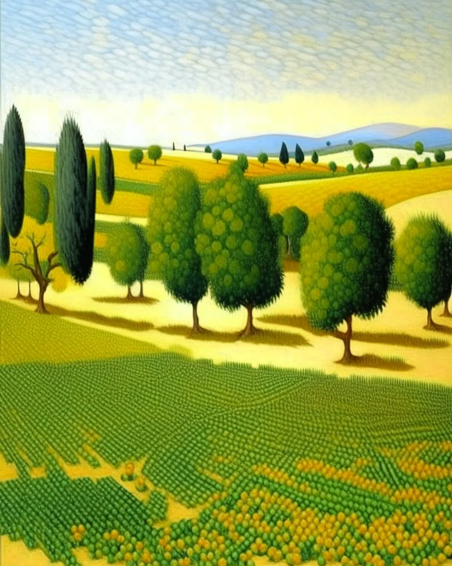A white Greek farmland with orchard trees painted by Georges Seurat