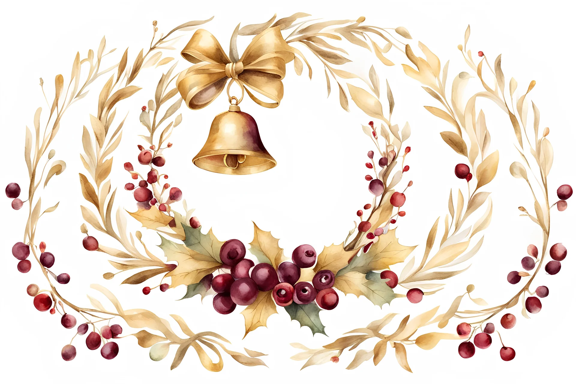 opulent clipart Christmas wreath, berries, intricate golden bells hanging from center, in gold and Burgundy elegance and sophistication, hand-painted watercolor blends, isolated on a white background