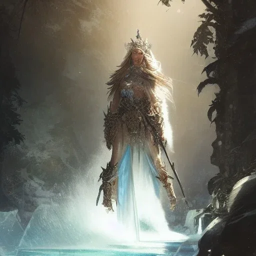 A queen warrior sun woman with light eyes, tropical background, waterfall, in the fantasy world , 8k resolution, ice winter fantasy concept art, by Greg Rutkowski, dynamic lighting, hyperdetailed, intricately detailed, deep, sun