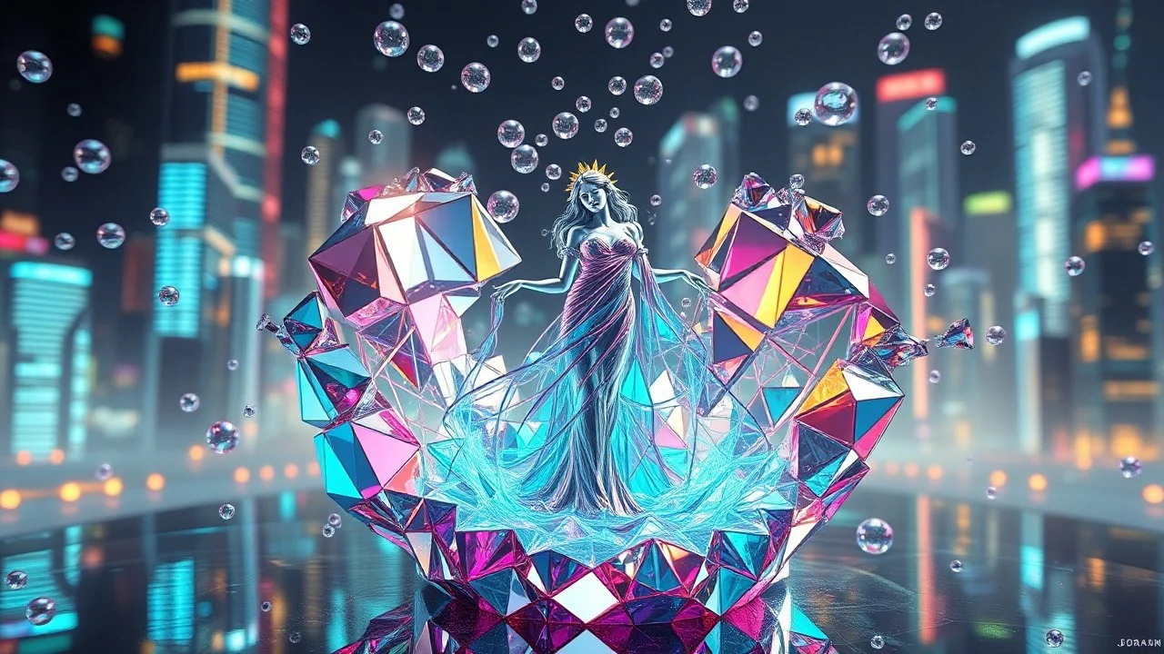 very complex CIFY structure ,pretty viberating color environment 3d metalic and crystal recursive evolving and animating beveled geometric base very complex CIFY structure emiting bubbles that broke, goddess of love in a pretty cleric dress comes out dancing gracefully , viberating color moving very in modern city escap environment while camera tracking it.write in down screen 3d animating"Made in Grok By:J.Babakan"