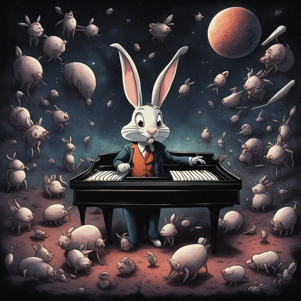 dark colours bugs bunny being a composer piano violin and is surrounded by swarm pig pig swinewasp swine pigpen pigsty on an diffrent planet cosmos lovecraft