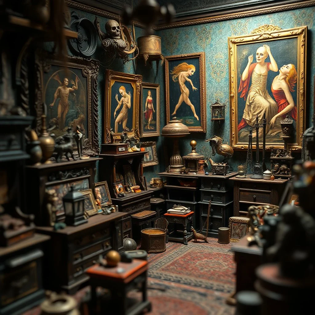 Diorama of old stuff in a room, sharp focus, 8k, 3d, very detailed, volumetric light, grim, fine art, very colorful, ornate, creepy paintings on the wall, 35mm, F/2.8, insanely detailed and intricate, hypermaximalist, super detailed, decadent