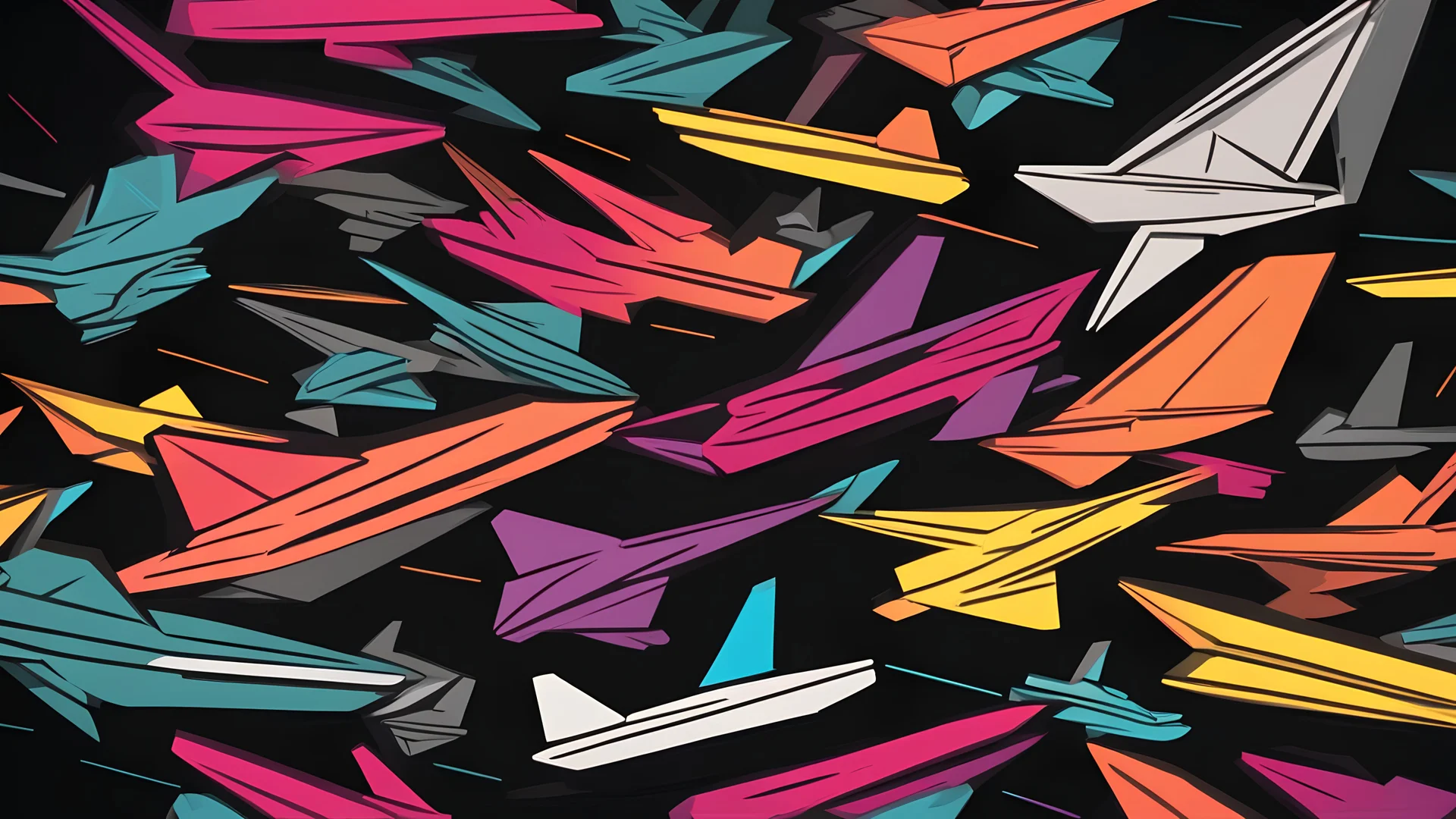 paper planes airport, comic style, negative space, intricate details, neon colors and deep black background, 4K, very high contrast, chiaroscuro