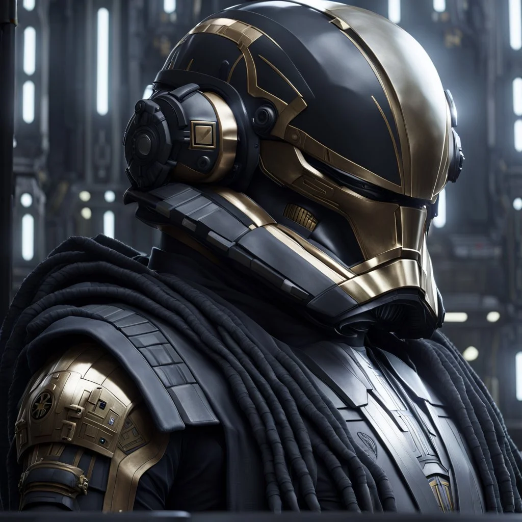 star wars bald male corellian pilot wearing pearlescent black and gunmetal grey First Order special forces heavy assault stealth commando armor and helmet with gold trim inside the jedi temple, hyperdetailed, dynamic lighting, hyperdetailed background, 8k resolution, volumetric lighting, light skin, fully symmetric details