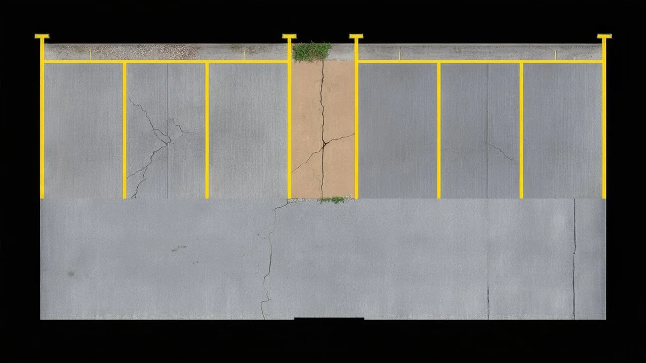 Ground layout for a covered concrete parking. Add skidmarks, oil ground stains, fine cracks and weathering. and make a little darker