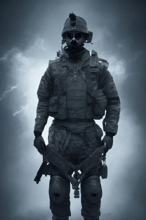 All Black British soldier, wearing high tech mask, white smoke, dark, rage, sorrow, high definition, ultra 8 k, volumetric lighting, blue fire, fog