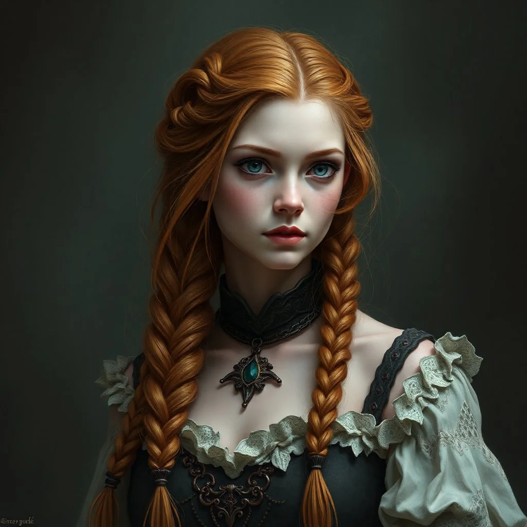 a pretty fantasy woman, young, braided ginger hair, maternal, dark fantasy art